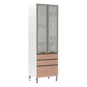 Paneleiro Torre 70cm 2 Portas com Vidro Reflecta Prata 2 Gavetas 1 Gavetão Pérola Luciane Móveis