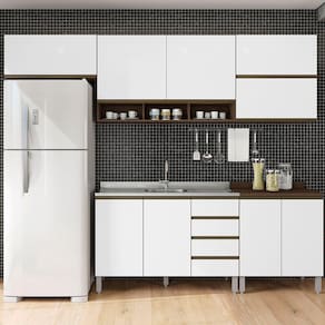 Cozinha Modulada Compacta 6 Peças Nogueira Dourado com Branco Jade Luciane Móveis