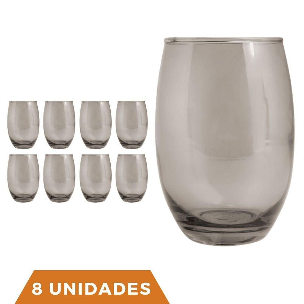 Copo De Vidro 450ml Redondo BELLAGIO Jogo com 8 Cinza Luxo