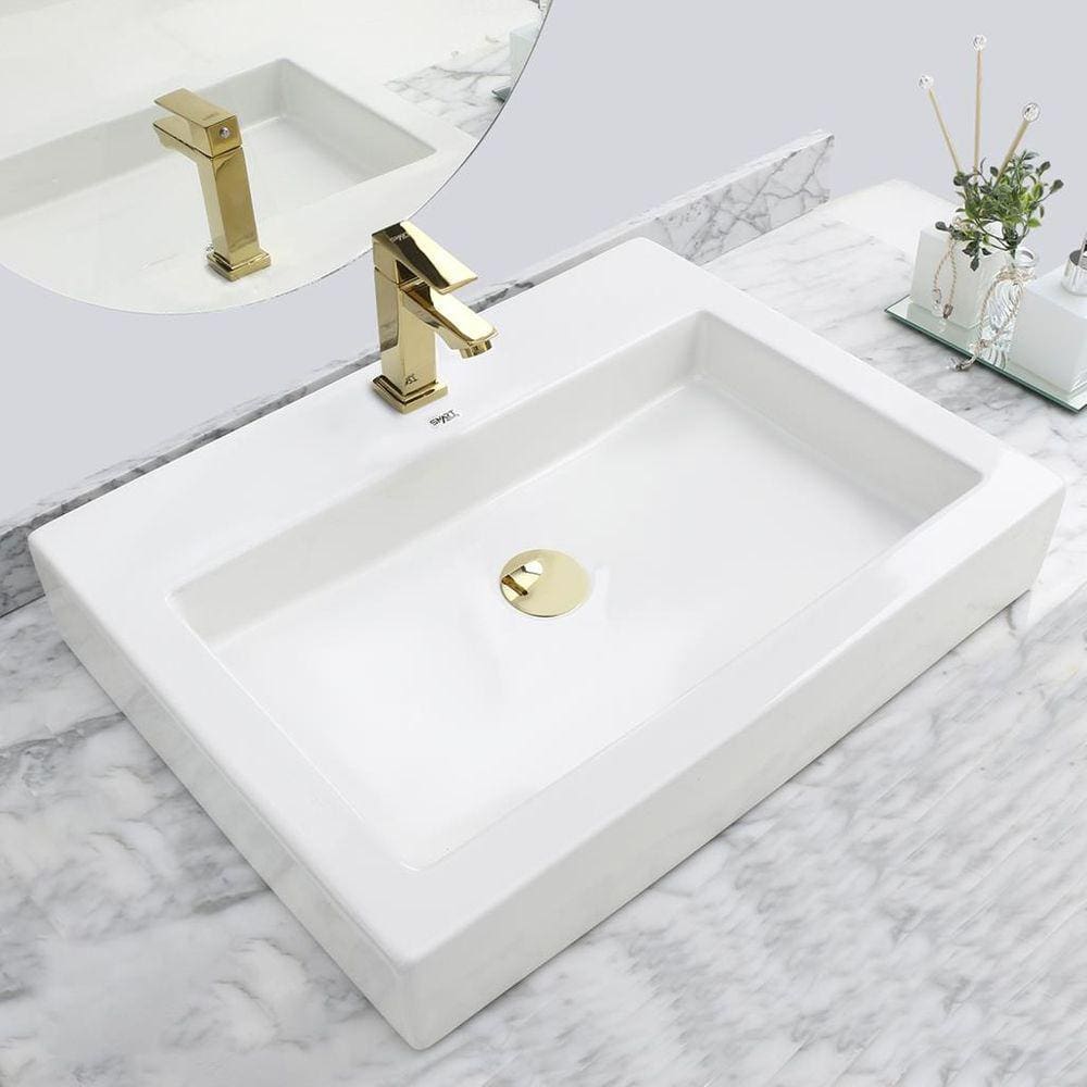 Kit Cuba Pia Louça Cerâmica Banheiro C/ Torn e Vál Dourada 6