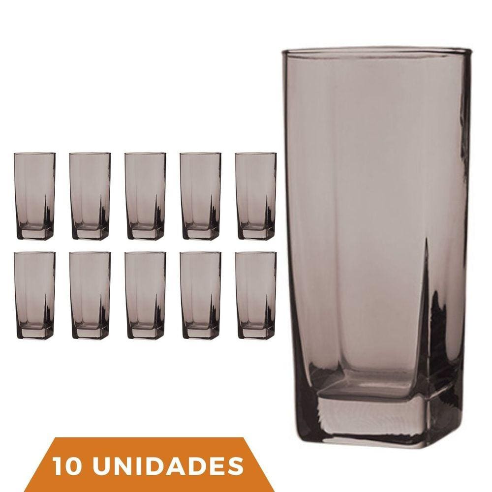 Copo Vidro 320ml Quadrado BALI Jogo com 10 Cinza Luxo Agua