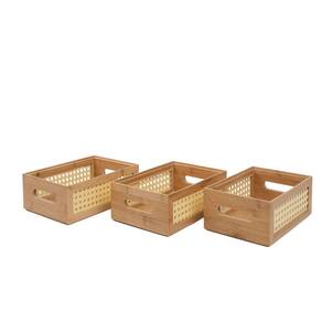 Kit 3 caixas organizadoras empilháveis de bambu e palhinha 2 de 24cm e 1 de 22cm - Oikos