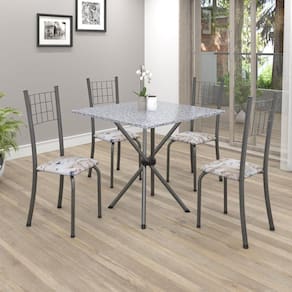 Conjunto de Mesa Tubular 70x70cm Tampo em Granito com 4 Cadeiras Dany Soma Móveis Botanic Bege/Martelado Prata/Granito Ocre
