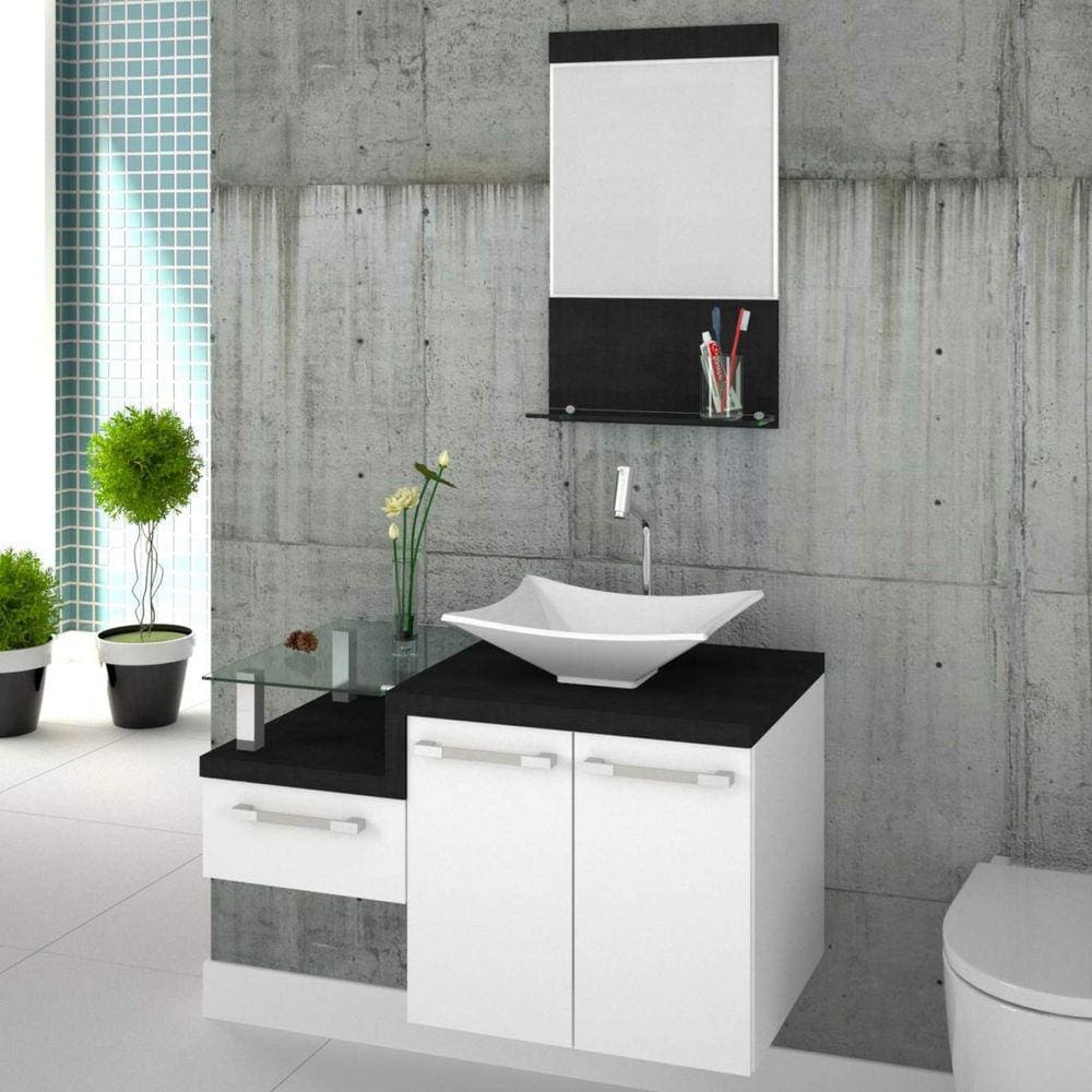 Conjunto para Banheiro Gabinete com Cuba Folha Lux L38 e Espelheira Legno 831W Compace Branco/Preto Onix