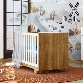 Berço Mini Cama 100% MDF com Colchão Life Tigus Baby Branco/Madeirado Ypê