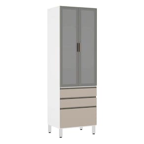 Paneleiro Torre 70cm 2 Portas com Vidro Reflecta Prata 2 Gavetas 1 Gavetão Pérola Luciane Móveis