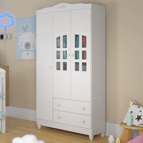 Guarda Roupa Infantil Provençal 3 Portas com Gavetas Lisa Branco Brilho Carolina Baby
