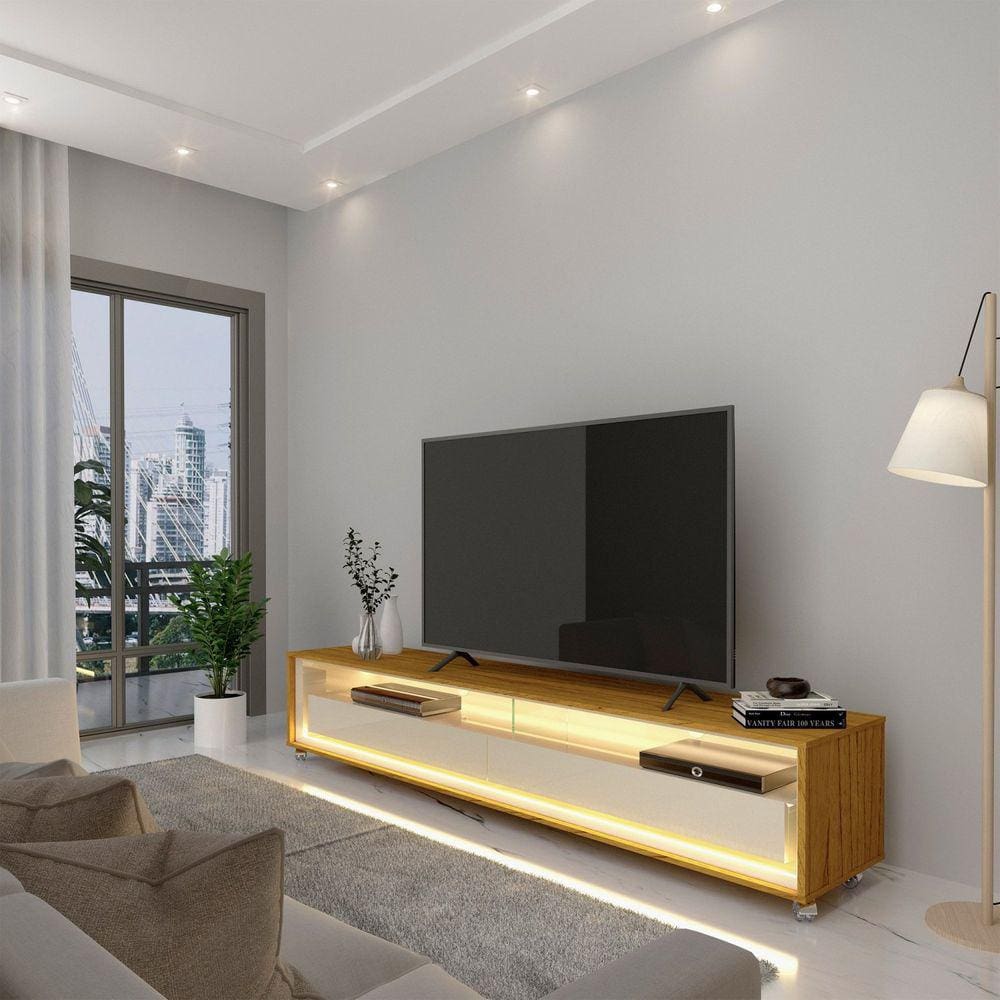 Rack para TV até 75 Polegadas com Led e Rodízios Requinte 172,5cm Gelius Móveis Marromle/Off White