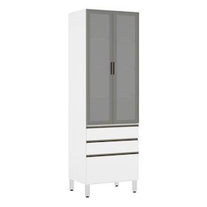 Paneleiro Torre 70cm 2 Portas com Vidro Reflecta Prata 2 Gavetas 1 Gavetão Pérola Luciane Móveis