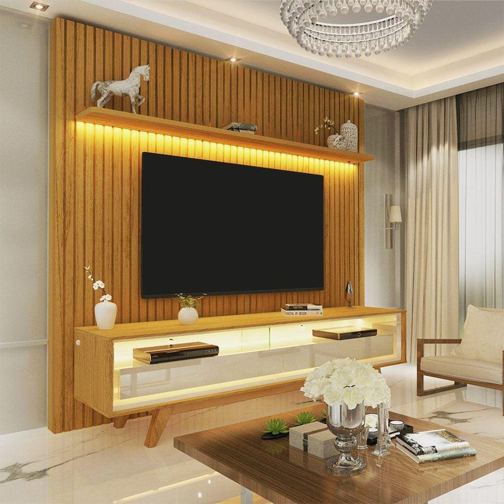 Painel para TV Ripado Led 2 Gavetas 2 Prateleiras com Pés 184cm Nobre Gelius Móveis Naturale/Off White