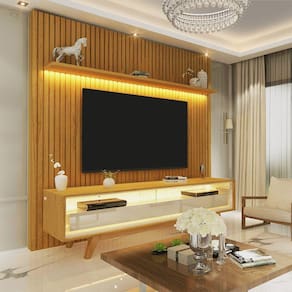 Painel para TV Ripado Led 2 Gavetas 2 Prateleiras com Pés 184cm Nobre Gelius Móveis Naturale/Off White