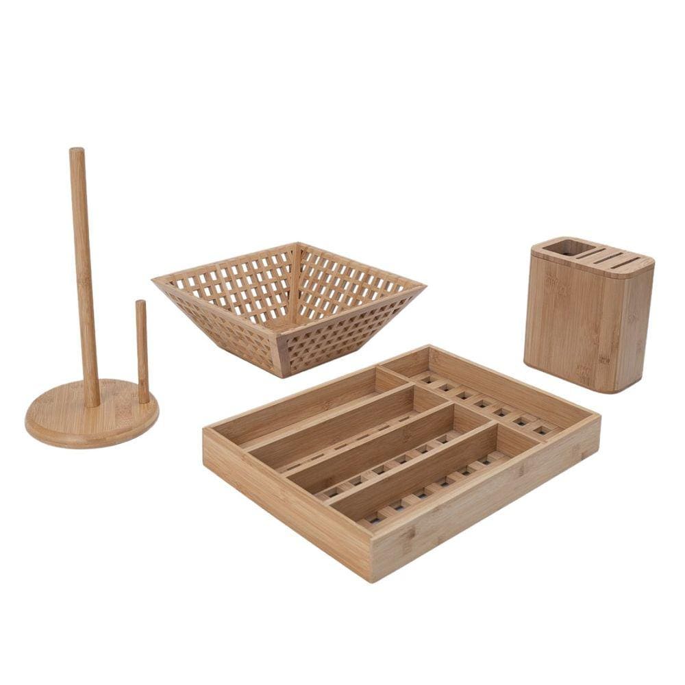 Kit com fruteira vazada, porta papel toalha, porta facas e porta talheres de bambu - Oikos