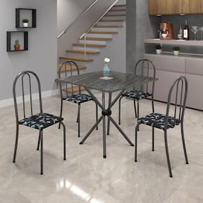 Conjunto de Mesa Tubular 70x70cm Tampo em Ardósia com 4 Cadeiras Ane B Soma Móveis Preto Floral/Mart Prata/Ardósia Indiana
