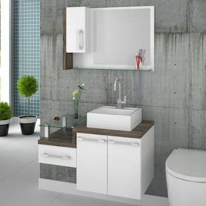 Gabinete para Banheiro 2 Portas 1 Gaveta com Cuba e Espelheira Legno 830W Compace Branco/Carvalho Dark