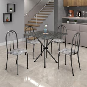 Conjunto de Mesa Tubular 70x70cm Tampo em Ardósia com 4 Cadeiras Ane B Soma Móveis Paraopeba/Mart Prata/Ardósia Indiano