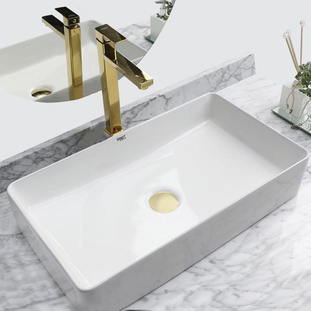 Kit Cuba Pia Louça Cerâmica Banheiro C/ Torn e Vál Dourada 1