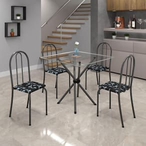 Conjunto de Mesa Tubular 70x70cm Tampo de Vidro com 4 Cadeiras Ane B Soma Móveis Preto Floral/Martelado Prata/Vidro Incolor