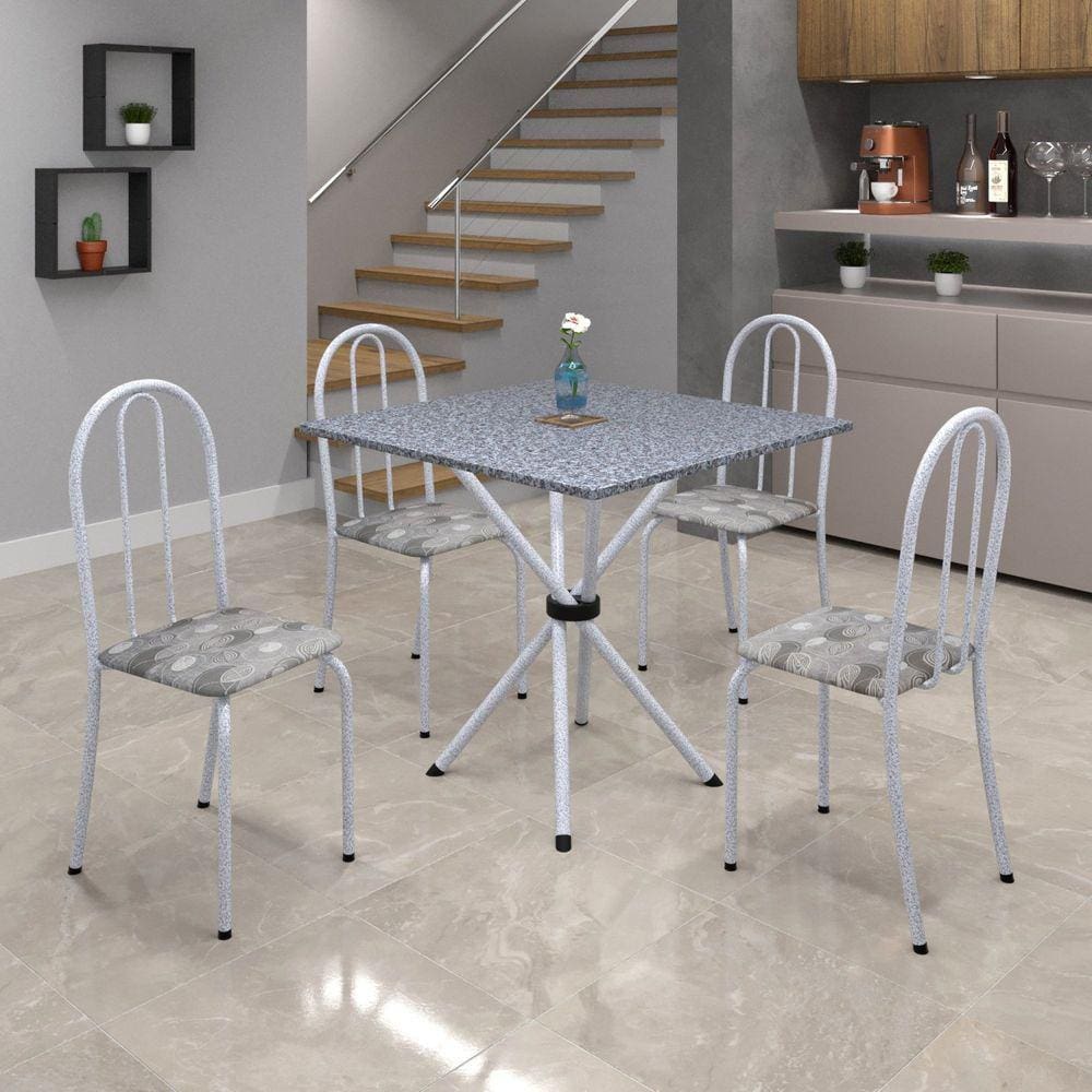 Conjunto de Mesa Tubular 70x70cm Tampo em Granito com 4 Cadeiras Ane B Soma Móveis Paraopeba/Mart Pérola/ Granito Ocre
