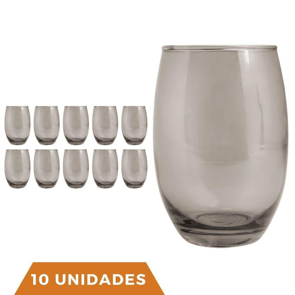Copo De Vidro 450ml Redondo Bellagio Jogo com 10 Cinza Luxo
