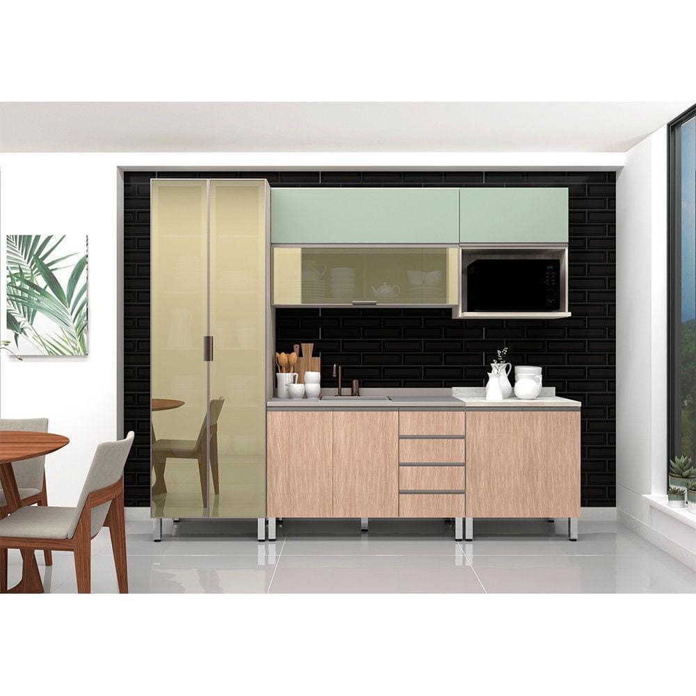 Armário de Cozinha Compacta 6 Peças sem Tampo Legno Crema com Cumaru e Verde Luci Luciane Móveis