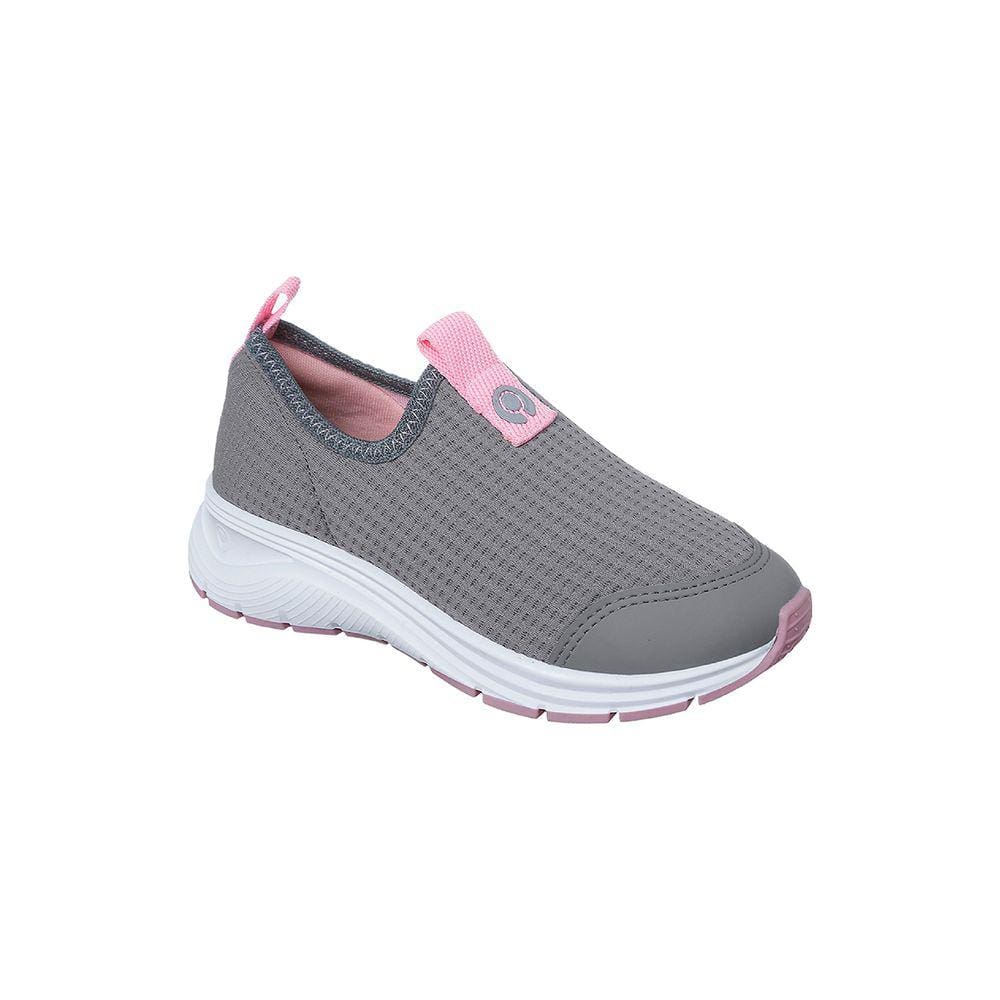 Tênis Infantil Feminino Ortopé Flex Run Calce Fácil com Detalhe Rosa e Grafite