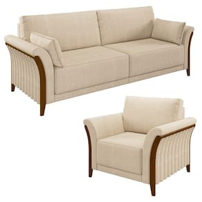 Kit Sofá Living 3 Lugares e Poltrona 102cm Pés Madeira Roya M22 Linho Champanhe - Mpozenato