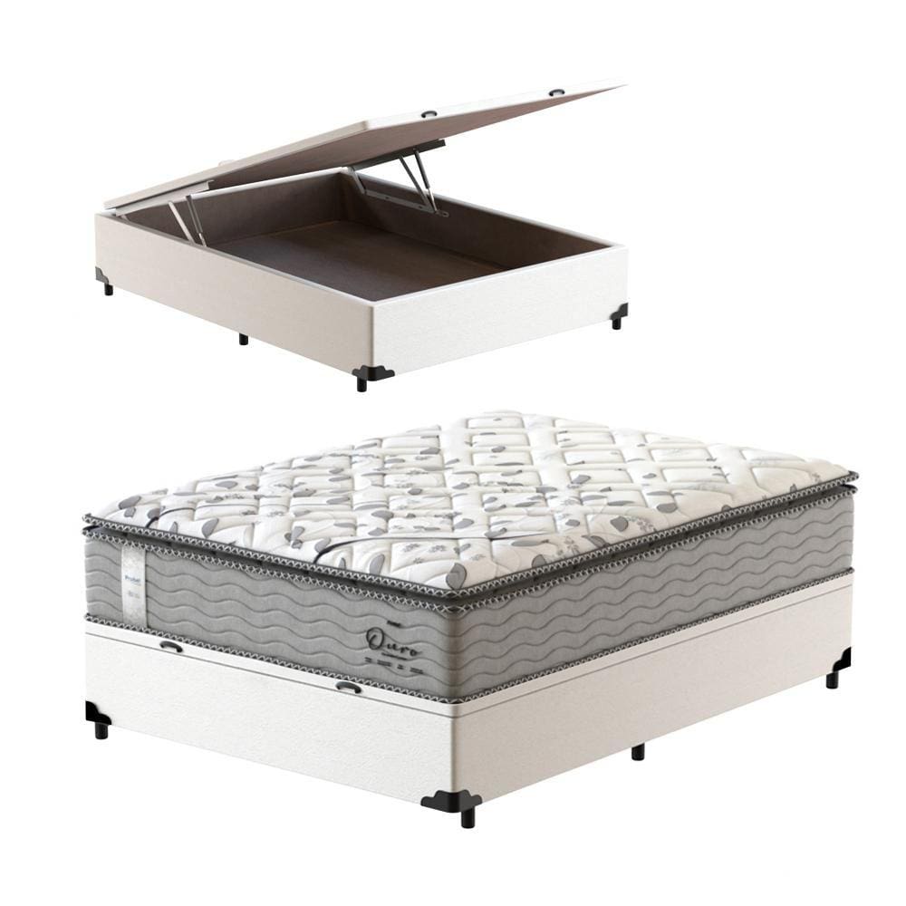 Cama Box Baú Viúva Branco + Colchão de Molas Ensacadas - Probel - Guarda-Costas Ouro - 128x188x76cm