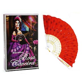 Kit Baralho Tarô Rosa Caveira e Leque Paetê Vermelho