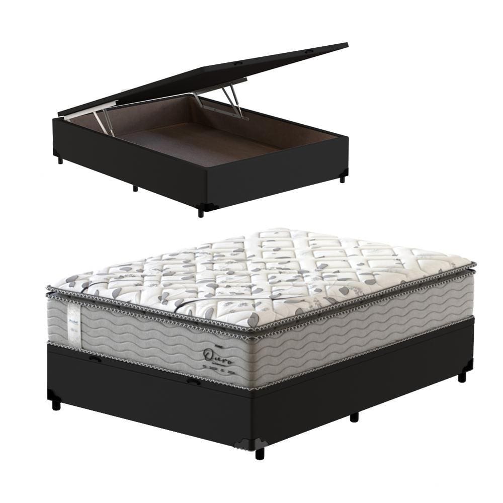 Cama Box Baú Viúva Preta + Colchão de Molas Ensacadas - Probel - Guarda-Costas Ouro - 128x188x76cm