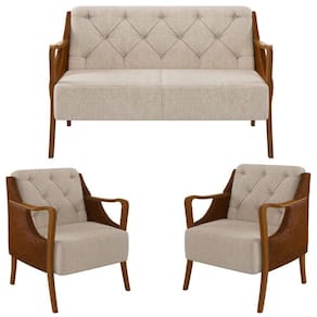 Kit Namoradeira 135cm e 2 Poltronas Decorativas Capitonê Lapa M22 PU Camel/Linho Cru - Mpozenato