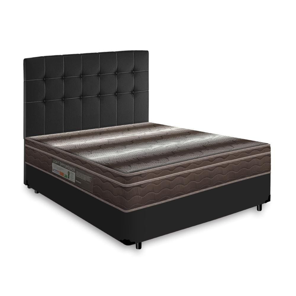 Box + Cabeceira Cassis e Colchão Casal - Ortobom - Light Ortopédico - 138x188x59cm Preto