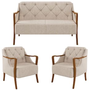 Kit Namoradeira 135cm e 2 Poltronas Decorativas Capitonê Lapa M22 Linho Cinza - Mpozenato