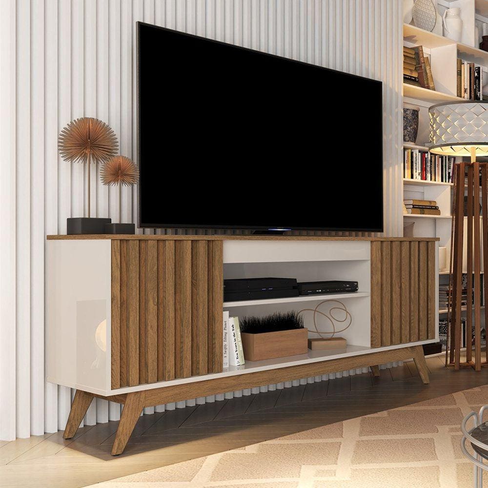 Rack Para TV até 60 Polegadas Retrô Ripado Malibu Wood Giga Móveis Off White/Freijó