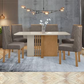 Conjunto Sala de Jantar Mesa 170x90cm Tampo MDF com 6 Cadeiras Astrid Móveis Lopas Amêndoa Clean/Off White/Animale Bege