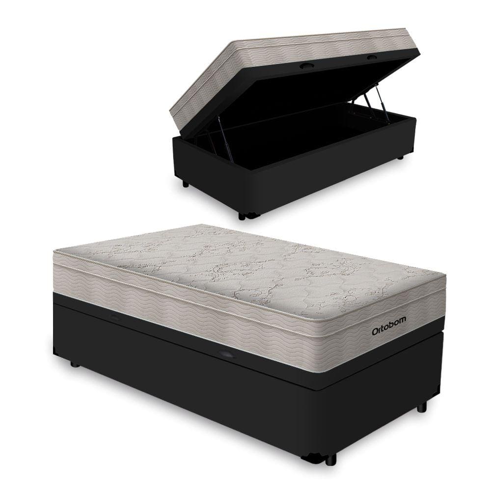 Cama Box Baú Solteiro Preta + Colchão De Molas Ensacadas - Ortobom - AirTech SpringPocket 88cm