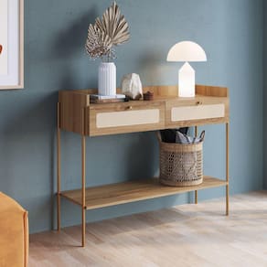 Aparador 2 Gavetas 103cm Palhinha Pé Metal Dourado Oslo Artesano Hanover/Dourado