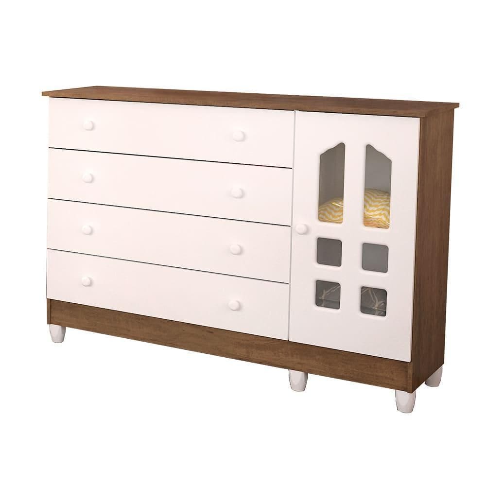 Cômoda Infantil 4 Gavetas com Porta Gran Selena Branco Fosco com Amadeirado Carolina Baby