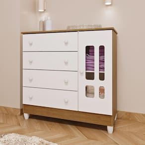 Cômoda Infantil Bebê Ariel 4 Gavetas com Porta Branco com Bétula Carolina Baby