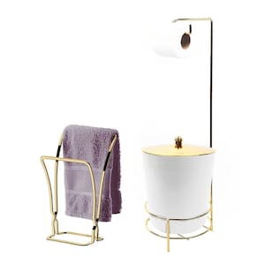 Kit Suporte Porta Papel Higiênico Lixeira 5L Tampa Pino Toalheiro Duplo Branco Dourado Banheiro - AMZ