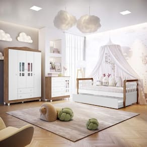 Quarto Infantil Ariel Completo Cama da Babá Júlia com Cama Auxiliar Guarda Roupa 4 Portas Cômoda 4 Gavetas com Porta Branco Amadeirado Carolina Baby