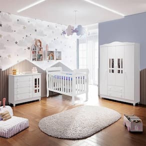 Quarto de Bebê Ariel Berço 3 em 1 Lila Guarda Roupa 4 Portas Cômoda Infantil 4 Gavetas com Porta Branco Carolina Baby