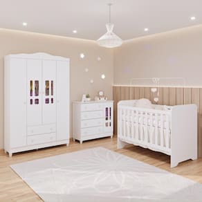 Quarto de Bebê Gabrielle Guarda Roupa 3 Portas Cômoda com Fraldário Berço 3 em 1 Branco Carolina Baby