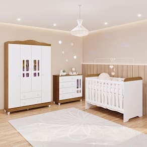 Quarto de Bebê Guarda Roupa 4 Portas Cômoda Ariel Berço 3 em 1 Gabrielle Branco com Bétula Carolina Baby