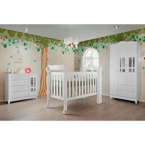 Quarto de Bebê Ariel Completo Berço 3 em 1 Lila Guarda Roupa 3 Portas Cômoda Infantil Branco Carolina Baby