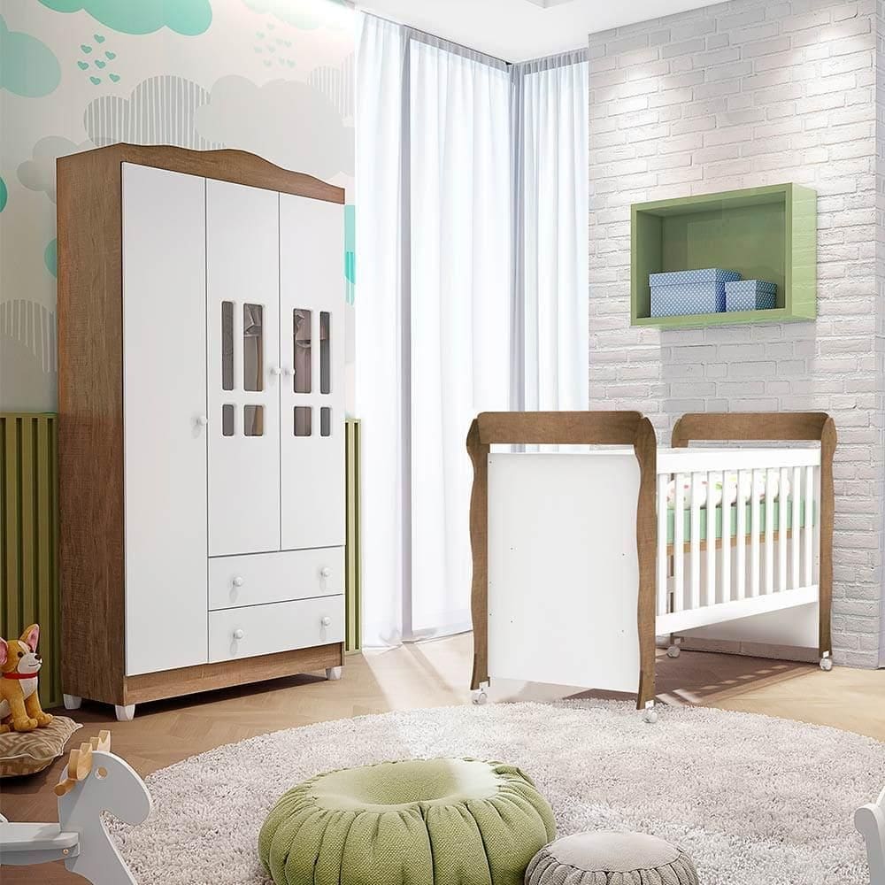 Quarto de Bebê Ariel Berço Mini Cama Mirelle Guarda Roupa Infantil 3 Portas Branco Amadeirado Carolina Baby