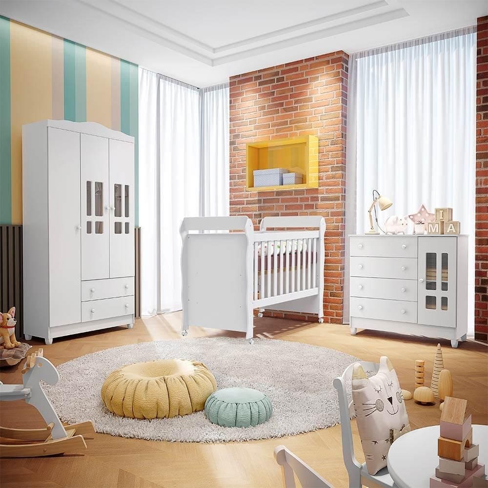 Quarto de Bebê Ariel Completo Berço Mini Cama Mirelle Guarda Roupa 3 Portas Cômoda Infantil Branco Carolina Baby