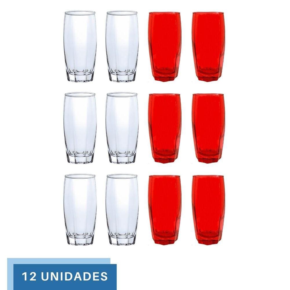 Kit Copo Vidro 370ml 6 Vermelho/ 6 Transparente Florida