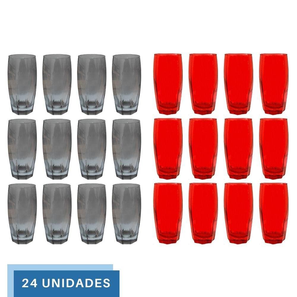 Kit Copos de Vidro 370ml 12 Vermelho / 12 Cinza Florida