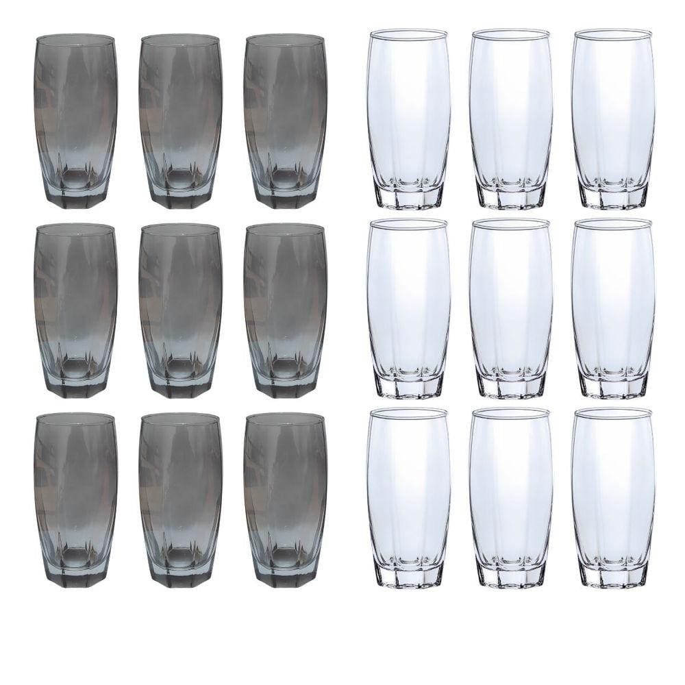 18 Copos de 370ml 9x Cinza 9x Transparente Florida Vidro