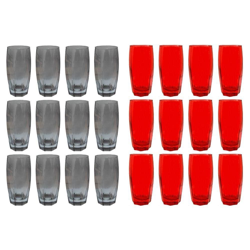 24 Copos de 370ml 12x Cinza 12x Vermelho Florida Vidro